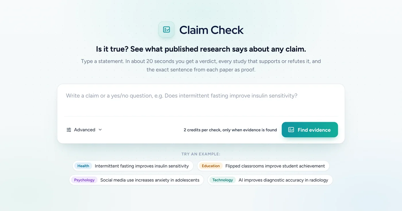 ResearchPal Claim Check: type a claim to find published studies that support or refute it